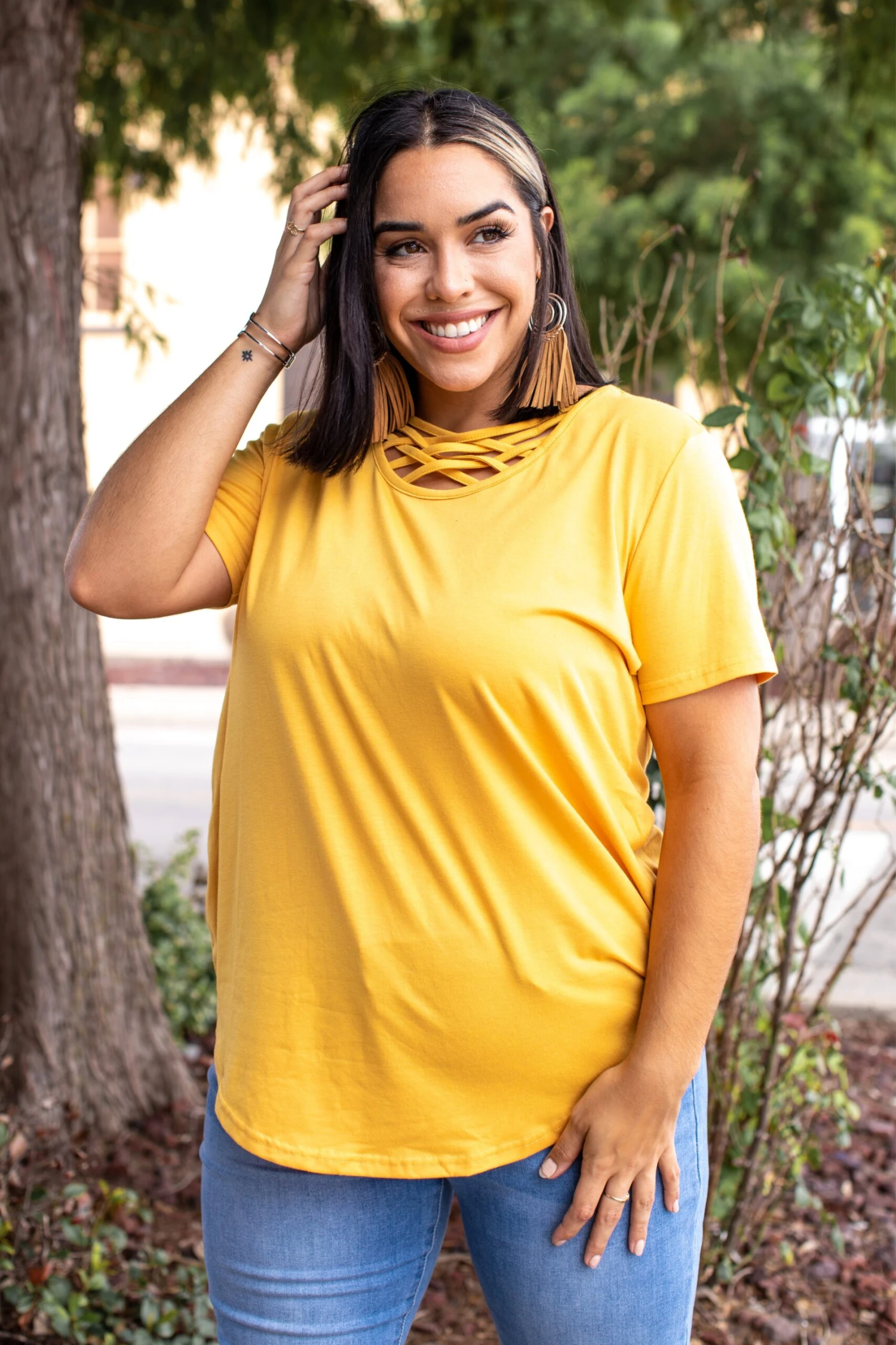 Essential Caged Neckline Mustard Top 3 Essential Caged Neckline Mustard Top