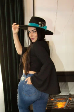 Black Bell Sleeve Crop Top 8 Black Bell Sleeve Crop Top -Fashion Clothing MH02368 BLK 1