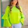 Double Take Lime Bell Sleeve Top 2 Double Take Lime Bell Sleeve Top -Fashion Clothing NTO11 GRN X 2 1
