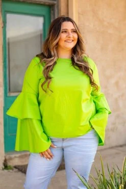 Double Take Lime Bell Sleeve Top